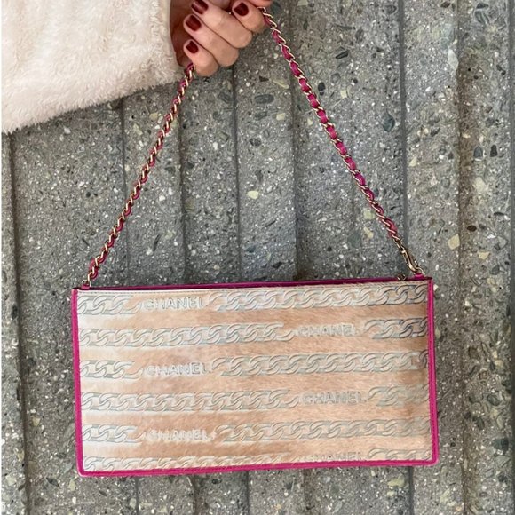 Vintage CHANEL Letters CHAIN Print Pony Calf Hair CC Logo Pink Leather Chain - Picture 1 of 4